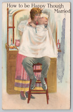Barbershop Humor Postcard Female Barber Kissing Customer During Shave 1910s picture