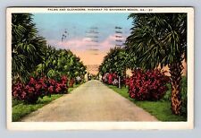 Savannah Beach GA-Georgia, Palms And Oleanders, Highway, Vintage c1938 Postcard picture