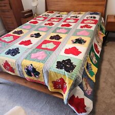 1970s Double-knit Fabric Quilt Maple Leaf Handmade Groovy Pattern and Colors VTG picture
