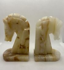 Vintage Hand Carved Onyx Horse Head Bookends Pair Library Bookshelf Office Decor picture
