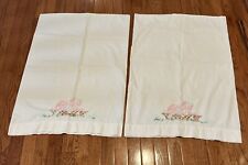 Pair Vintage Embroidered Pillowcases Cute Pink Kittens In Basket Queen Size picture