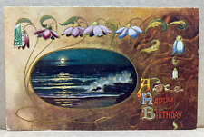 Postcard Happy Birthday Moonlight Ocean View Colorful Droppy Flowers picture