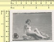 #088 Pretty Swimsuit Woman Sitting on Beach Rocks Swimwear Lady vintage photo picture