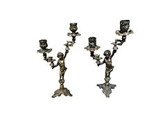 Pair of Vintage Cherub Brass Ornate Candle Holder Candlesticks France Italy picture