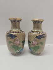 Pair of Vintage JINGFA Cloisonne Vases Flowers Birds 5' picture