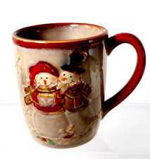 1  Snowmen Pottery Mug Coffee Tea Mug Cup Snow Flakes Brown Raised Details 8oz picture