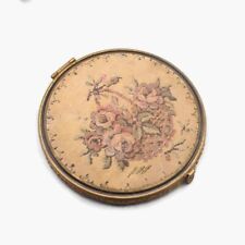 Vintage Powder Compact Petit Point Flower Basket Embroidery, Three Mirrors picture