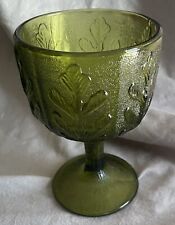 Vintage FTD 1975 Olive Green Glass Goblet/ Vase Raised Oak Leaf Pattern picture