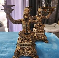TWO Vintage Gold Tone Monkey Bellhop Masonic Resin Candleholder  picture