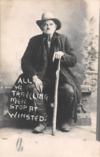 WINSTED, CT ~ SEATED OLD MAN, COMIC TITLE, DEMARS REAL PHOTO PC ~ used 1906 picture