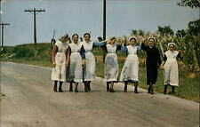 Amish girls Sunday worship dresses laughing Pennsylvania ~ vintage postcard picture