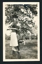 Affectionate Lovebirds Man Woman Hug Balance on Tree Stump Photo 1930s Romance picture