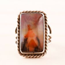 OLD PAWN STERLING SILVER PETRIFIED WOOD ROPE BORDER RING SIZE 4.25 picture