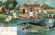 Postcard ~ Exaggeration, Multiple Children Landing Giant Fish with Net picture