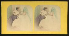 Genre Hand-Colored Stereoview Woman Girl Feather (possible Post-Mortem?) ~1860s picture