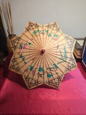 Oriental Umbrella Bamboo & Paper Hand Painted Vintage Hand Crafted Birds Flowers picture