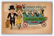 1915 Couple and Antique Car Ludington Michigan MI Posted Comic Postcard picture
