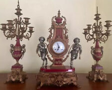 Italian Vintage Brevettato Brass/Bronze Marble Cherub Clock And Candlesticks picture
