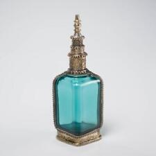 Moroccan Moorish Teal Blue Green Vintage Glass Metal Overlay Boho Perfume Bottle picture