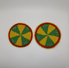 Beaded Rosettes 5 Inch Yellow Green Red With Leather Back Set of 2 picture
