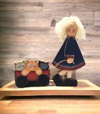 Handmade Folk Art Wood Girl Cats Figurine Decor Kitsch Sculpture Wagon Painted picture