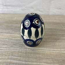 Polish Pottery Egg Shaped Salt & Pepper Shaker Set 2pc Blue Green White picture