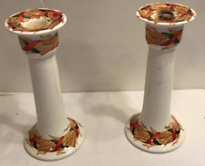 A PAIR OF ARABIA FINLAND PORCELAIN CANDLESTICKS  SANTA ARCTICA PATTERN, MID 20TH picture