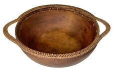 Carved Wood Bowl Brown Wicker Trim Handles Boho Primitive Tribal picture