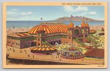 Carousel Saltair Pavilion Great Salt Lake Utah Vintage 1940 Linen Postcard picture
