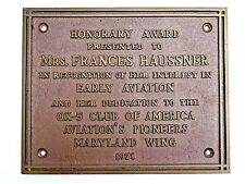 Important Historical Female Aviation Pioneer Frances Haussner BRASS PLAQUE Award picture