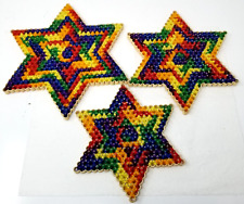 Vibrant Rainbow Yarn Stars 1970s Ribbed Spool Edges Set of 3 Decorative Vtg picture