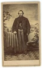 Antique CDV Circa 1860s Handsome Man Long Beard in Suit Hand Painted Backdrop picture