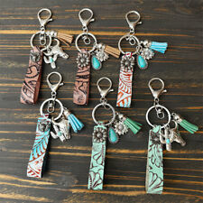 Car Western Vintage Genuine Leather Keychain Keyrings Turquoise Cowhide Pendant picture