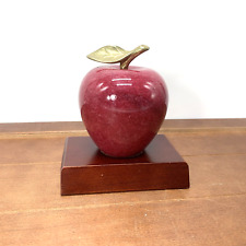 Red Polished Alabaster Marble Stone Apple Brass Stem Leaf Paperweight Wood Base picture