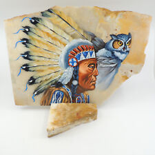 Original Native American Chief & Owl Painting Marble Slate & Stand Unsigned picture