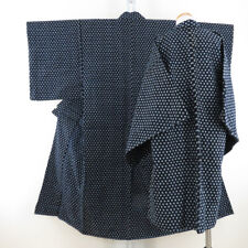 Antique Men's Kimono Ansemble Cotton Indigo Dyeing Haori Set Navy 53.9inch picture