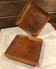 Pair of  Vintage 70s Square Teak Wood Snack Trays  Sandwich Salad Plates~ 8X8 picture
