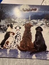 Vtg Unused Christmas Card Heavy Glitter Dogs Santa Moon Aussie Dalmatian W/Env picture