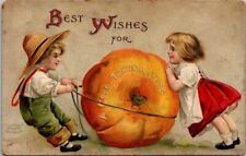 Postcard Clapsaddle Unsigned Thanksgiving Greeting Children Pulling Pumpkin picture