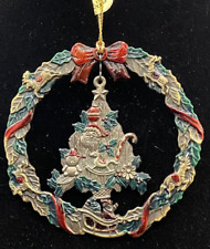 Russ Ornament Metal & Enamel Wreath With Dangling Tree - Vintage Holiday picture