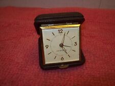 Vintage WESTCLOX Folding Travel Alarm Clock w/brown Leather Case, Germany. Works picture