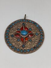 Handcrafted Vintage Red Blue Stones Silvertone Tibetan Nepal Mandala Pendant picture