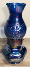 VINTAGE COBALT IRIDESCENT CARNIVAL BLUE EAGLE/STARS OIL KEROSENE LAMP 12