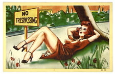 Antique/Vintage Postcard Risque Linen No Trespassing Pinup - Redhead Colorcraft picture