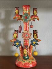 Vintage Mexican Folk Art Pottery TREE OF LIFE Owls Candlestick Holder 10.5” picture