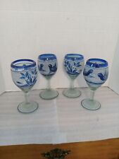 Set Of 4 Beautiful  Long Stem Wine Glasses.  Featuring Blue Birds And Flowers.   picture