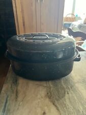Vintage Oval Enamelware Navy Blue Speckle Speckled Roasting Pan with Lid 16