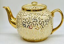 Vintage Sudlow's Burslem teapot; white/gold trimmed design; England unique rare picture