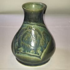 Japanese Pottery Vase Oribe Glazed Incised Chrysanthemum Signed Tobi Vintage picture