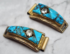 W Yazzie Signed Navajo Sterling Turquoise CZ & Gold Filled Womens Watch Tips picture
